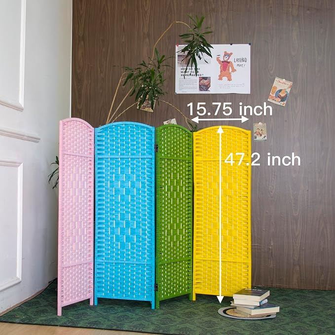 4-Panel Short Room Divider, 3.9 ft Freestanding Partition Wall, Colorful Rattan - Image 5