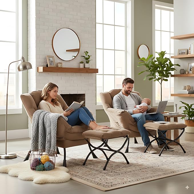 Lazy Chair with Ottoman, Comfy Accent Reading Chair, Dark Brown | Foldable - Image 6