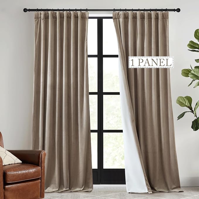 RYB HOME Camel Beige Velvet Curtains 96 inch, Heavy Duty 2-Layer Window Curtains by RYBHOME