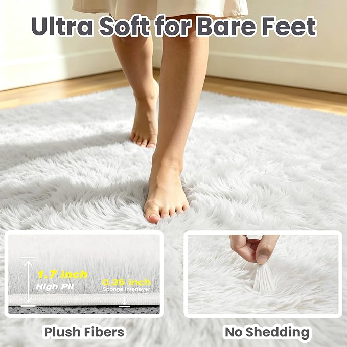 5x8 Fluffy Area Rug for Living Room: Soft Non-Slip White Bedroom Carpet | Ultra - Image 7