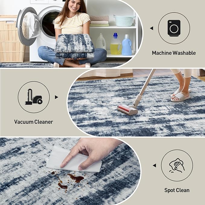 4x6 Area Rugs for Living Room: Washable Abstract Blue Grey Badroom Carpet | - Image 5