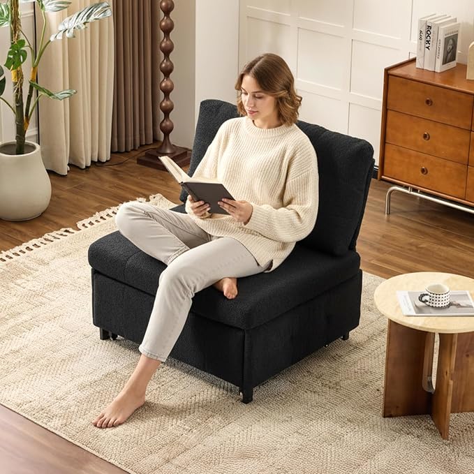 VINGLI Convertible Sofa Bed Tufted Teddy Fleece Sleeper Chair Bed Couch Armless - Image 2