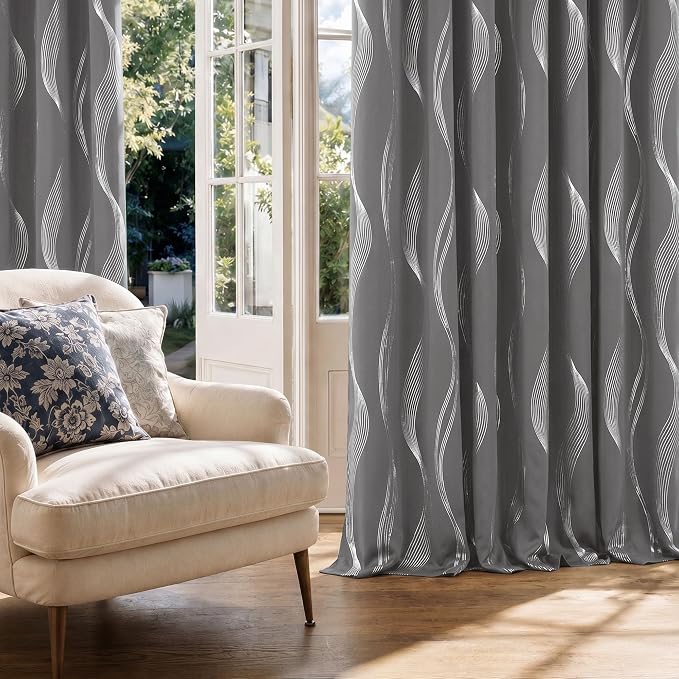 Deconovo Silver Foil Wave Pattern Total Blackout Curtain Panels, Living Room - Image 2