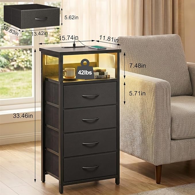 Fixwal Night Stand with Charging Station, 4 Drawers | fabric drawer, built-in - Image 3