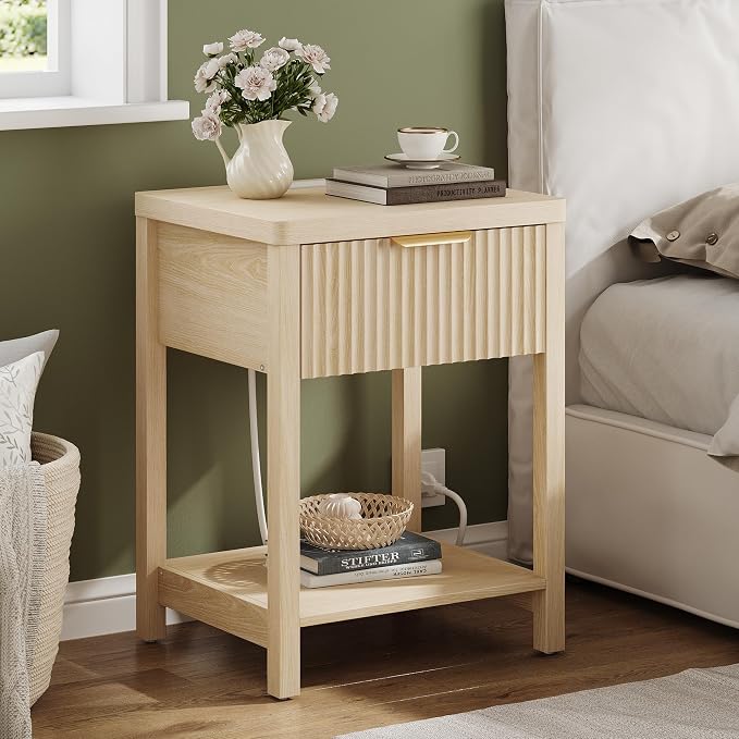 Night Stand Set 1, Fluted Wood Bedside Table w/Socket Station - Image 4