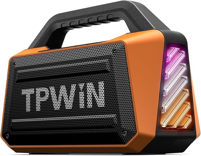 TPWIN Bluetooth Speaker - 80W Loud, Rugged Outdoor Speakers, IPX6 Waterproof, 20H Playtime, Deep Bass, Lightshow, TWS, BT 5.3 Wireless, Portable for Travel Hiking Camping Beach Pool - Orange