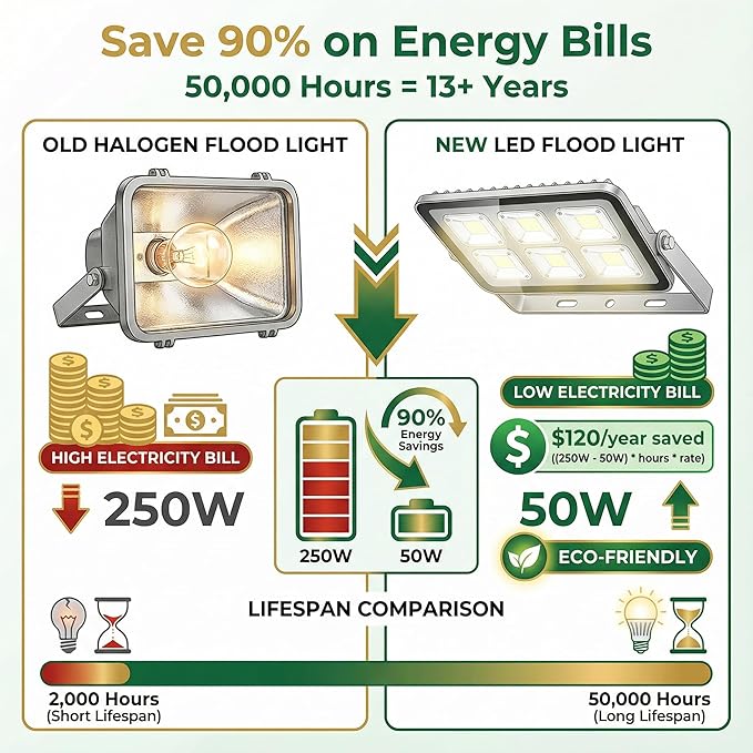 XXBSAZ 50W LED Flood Lights Outdoor, Plug-in & Hardwired Security Lights, IP66 Waterproof 6500K Daylight for Porch, Shed & Small Outdoor Areas (2 Pack)