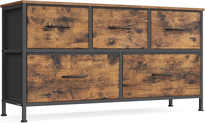 SONGMICS Dresser for Bedroom, Chest of Drawers, Steel, MDF, 5 Non-Woven Fabric Drawers, Storage Organizer Unit, Closet, Entryway, Rustic Brown and Ink Black ULGS322B02S