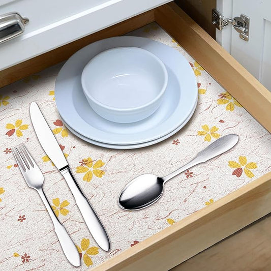 RAY STAR 12X120 Inch Shelf Liner for Kitchen Cabinets, Non-Adhesive Cabinet Liner Washable, PVC Drawer Liner for Dresser Non-Slip Bathroom (Yellow-Floral)(4 Roll)