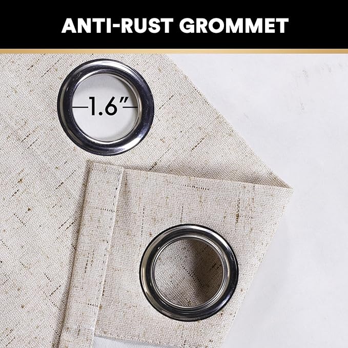 PrinceDeco 100% Black Out Curtains 64 inch Long 2 Panels for Bedroom Anti-Rust Grommet Thermal Insulated Flax Textured Full Blackout Window Draperies with White Liners,Set of 2,W42 X L64,Natural