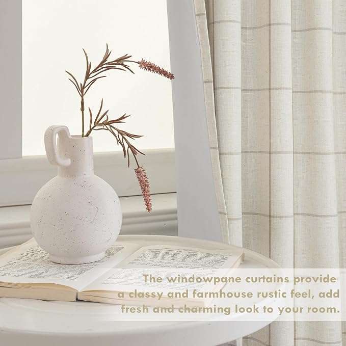 DriftAway 100% Blackout Plaid Linen Curtains 102 Inches Long 2 Panels Taupe | - Image 8