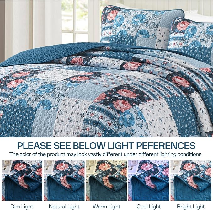 Anibedding Quilt Set King Size, 3 Pieces Blue Floral Patchwork Bedspread - Image 7