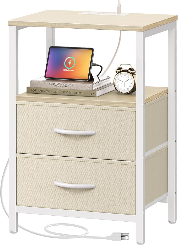 Huuger Nightstand with Charging Station, Side Table with Fabric Drawers | End by Huuger