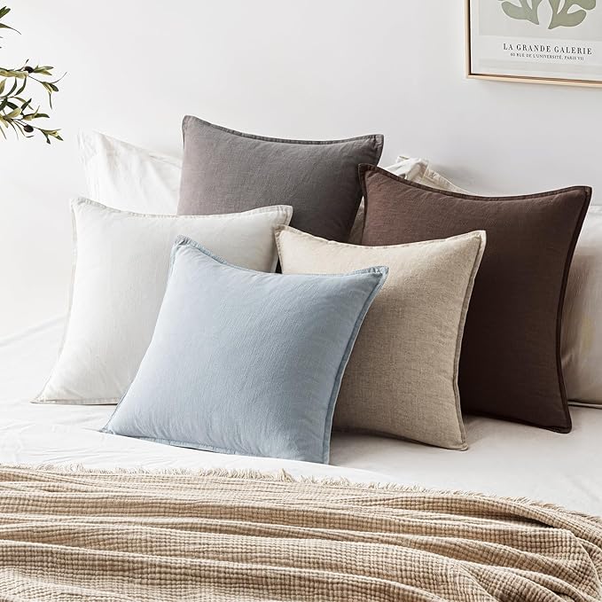 EMEMA Throw Pillow Covers Decorative Linen Pillow Covers 20x20 Inch Light Blue Boho Farmhouse Neutral Couch Throw Pillows for Bed Pack of 2 Accent Pillowcase Modern Sofa Cushion Livingroom Home