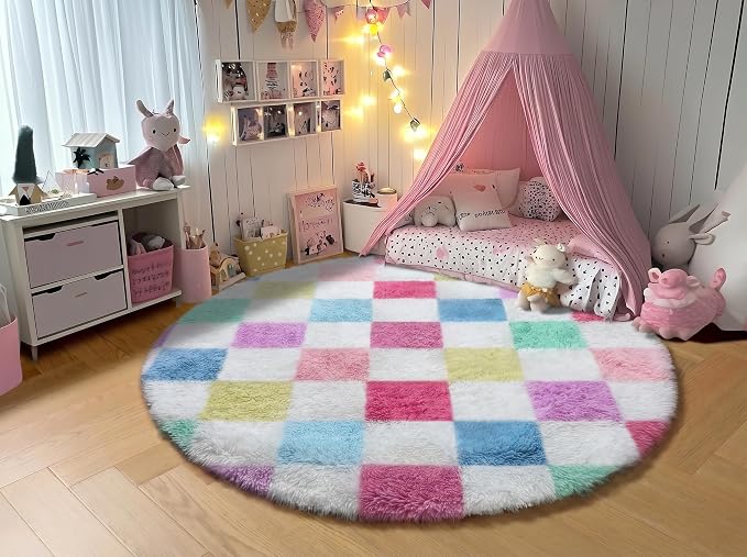 KICMOR Pink Rainbow Round Rug for Bedroom Girls, Cute Fluffy Soft 4ft Circle - Image 5