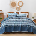 Blue King Size Quilt Set, 3 Pieces Boho Striped Bedspread | Soft Lightweight by Andency
