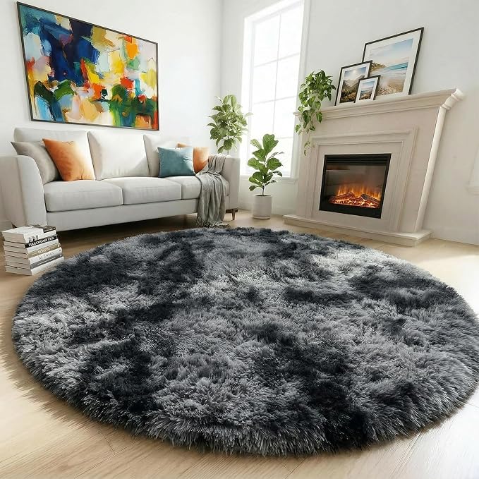 Amdrebio Tie-Dyed Dark Grey Big Round Area Rug 6Ft by Amdrebio
