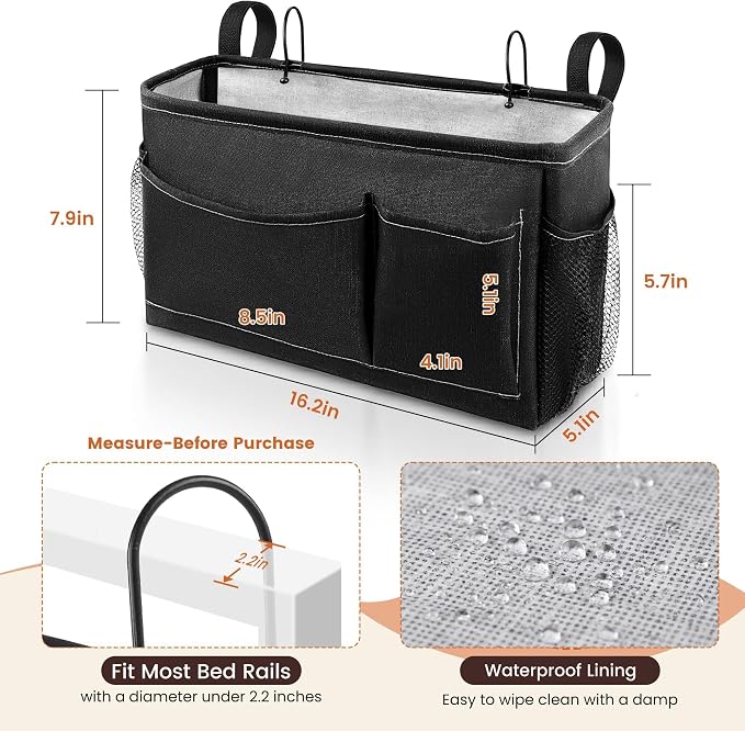 Bedside Caddy for Dorm Bed, Bedside Storage Bag Hanging Organizer | Metal Frame - Image 4