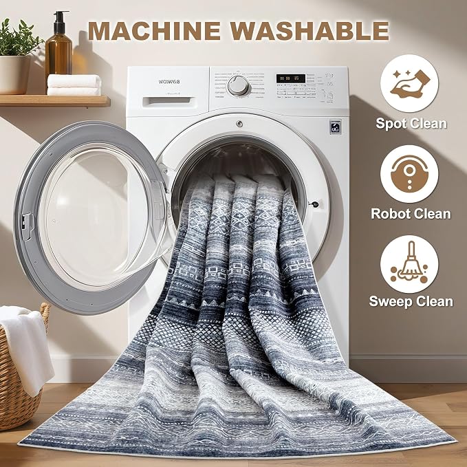Nakagishi Boho 7x9 Area Rug Living Room Rugs Machine Washable Blue | Soft - Image 2