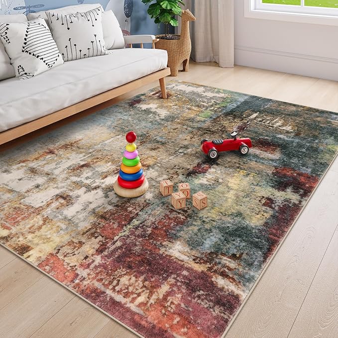Lahome Modern Abstract Area Rug 6x9 Rugs for Living Room, Washable Bedroom Rug Aesthetic Low Pile Non Slip, Red Soft Indoor Contemporary Carpet for Dining Room Table Apartment