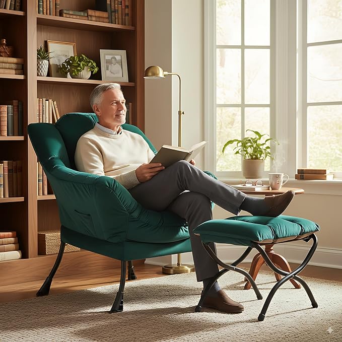 Lazy Chair with Ottoman, Comfy Accent Reading Chair, Velvet Green | Foldable - Image 8