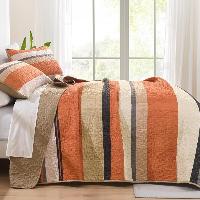 Dobuyly Striped Quilt King Size, Boho Orange Lightweight Bedspread Bedding | - Image 3