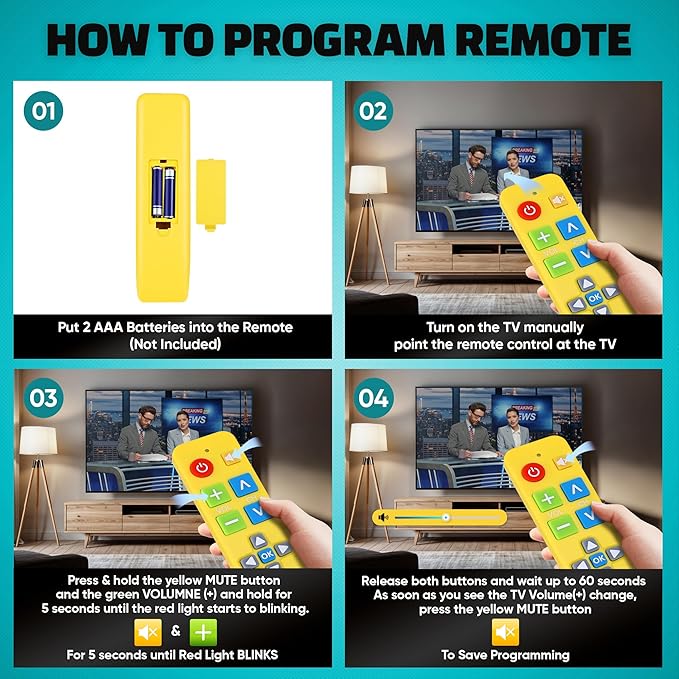 EZclicker Plus Big Button Universal TV Remote (Yellow) Simple Easy to Use, Works with Major TV Brands (2xAAA Batteries Not Included)