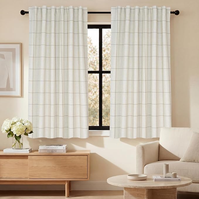 DriftAway 100% Blackout Windowpane Plaid Linen Curtains 45 Inches Taupe | by DriftAway