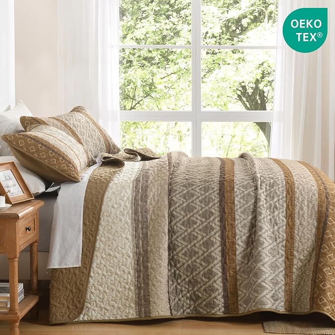 Dinjoy Boho Queen Quilt Set, Striped Bedspread Queen Size, Light Brown Bedding - Image 3