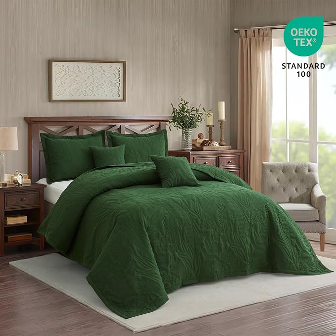 HZ & HY Oversized Queen Bedspreads, Olive Green | Generous Coverage, 5-Piece - Image 3
