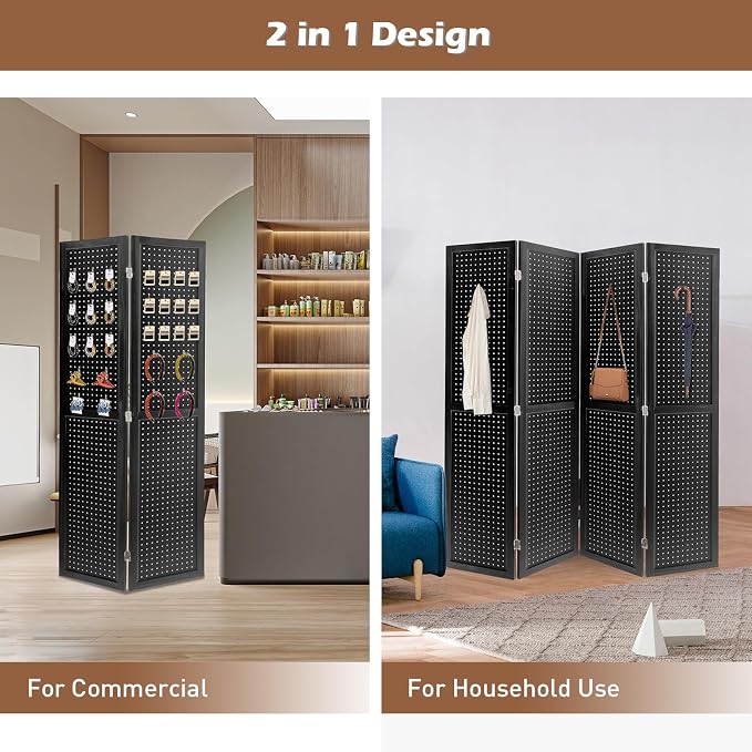4 Panel Pegboard Room Divider | Black Wood Folding Privacy Screen - Image 7