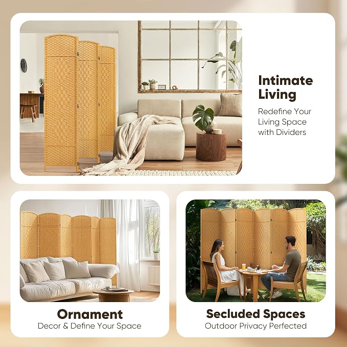 Rattan Room Divider, 6-Panel Folding Privacy Screen 6ft. Extra Wide | Double - Image 7