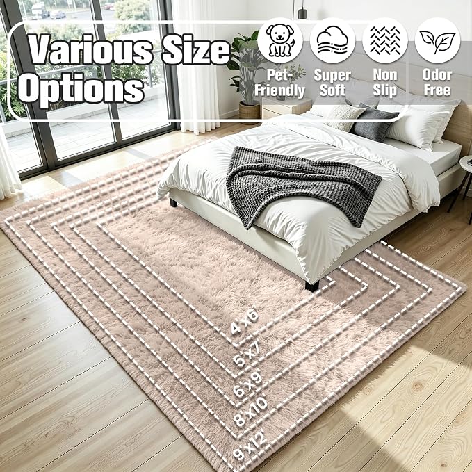 6x9 Fluffy Area Rug for Living Room: Soft Non-Slip Beige Bedroom Carpet | Ultra - Image 8