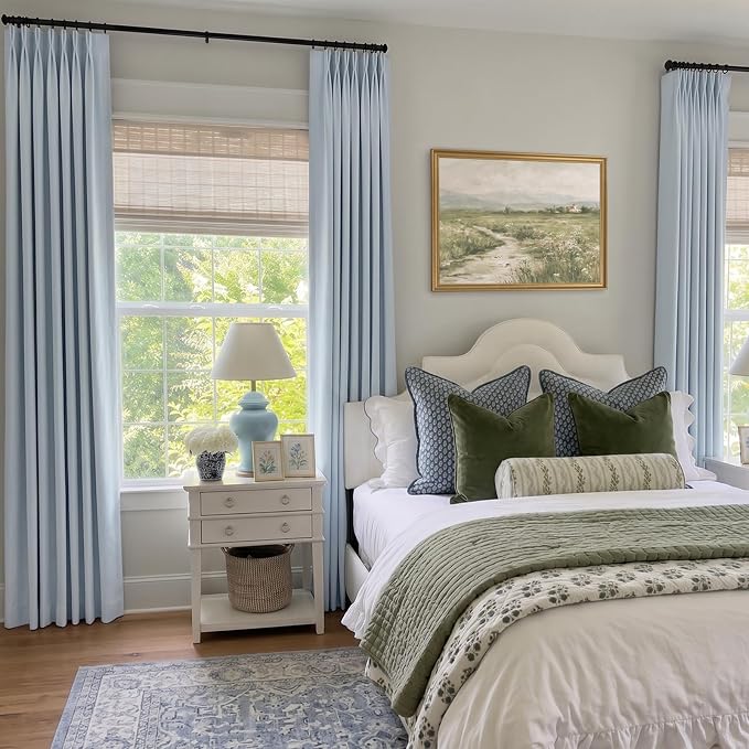 Pinch Pleated Full Blackout Faux Linen Curtains 102 Inches Long | Chambray Blue - Image 4