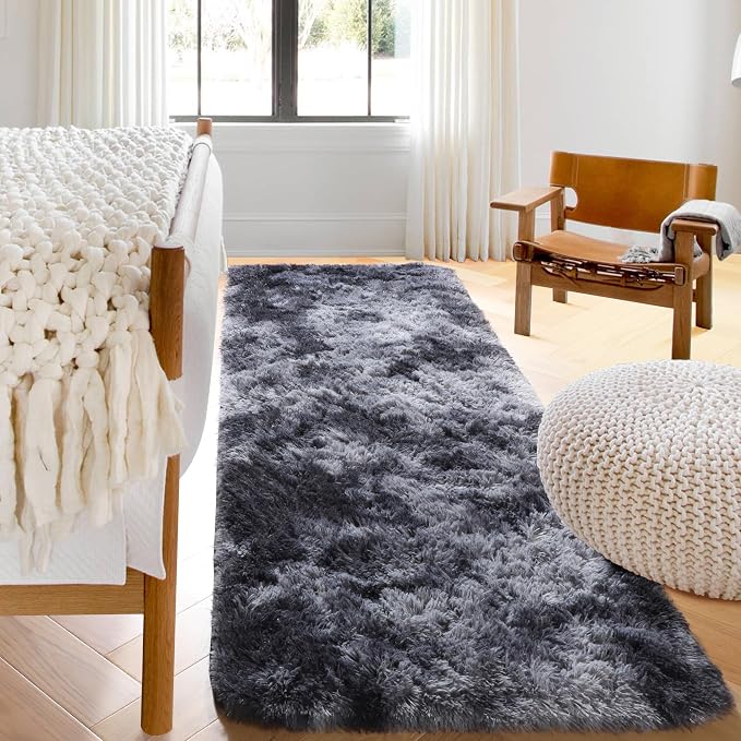 Runner Rugs for Bedroom Living Room, Fluffy Tie-Dyed Dark Grey 2x6 Bedside - Image 6