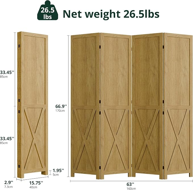 4 Panel Folding Room Divider, Solid Wood Privacy Screen, Freestanding Partition - Image 2