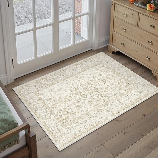 2x3 Brown Entryway Area Rug Machine Washable Door Mat Kitchen Vintage Distressed Non Slip Carpet Indoor Retro Floral Accent Throw Small Rug for Bathroom Office Bedroom Living Dining Room