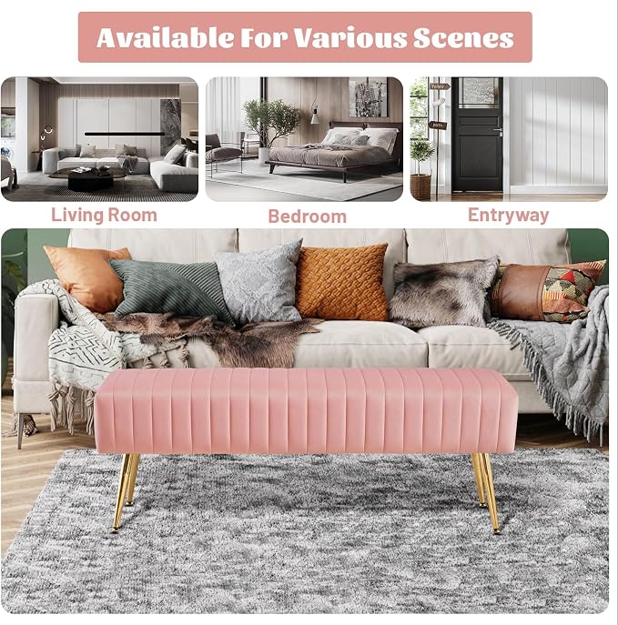 44 Inch Velvet Bench, Upholstered Tufted Striped Fabric Bedroom Bench - Image 6