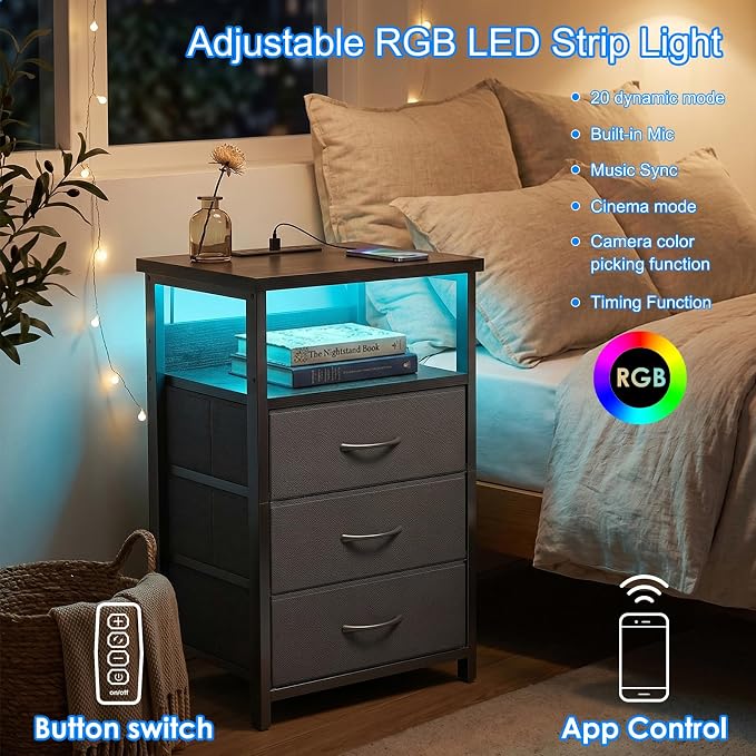Fixwal Night Stand with 3 Drawers, built-in bedside charger, 2 AC outlets & 2 - Image 4
