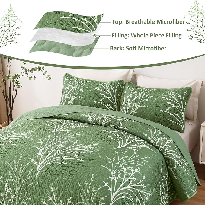 DJY Green Quilt Set Queen Size Branch Bedspread Coverlet Set, 3 Piece Olive - Image 5