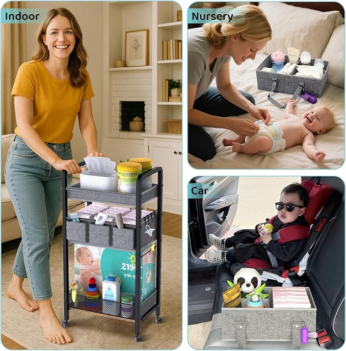 2IN1 Baby Diaper Caddy Organizer-3 Tier Rolling Storage Cart - Image 4