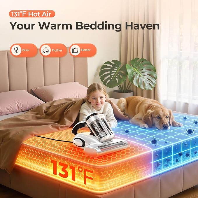 JIGOO J300 Lite Mattress Vacuum Cleaner，500W Bed Vacuum Cleaner with Dust Sensor with 253.7nm UV-C Light，Ultrasonic and High Heating Multifunctional Handheld Vacuums for Bed, Sofa, Couch （Corded）