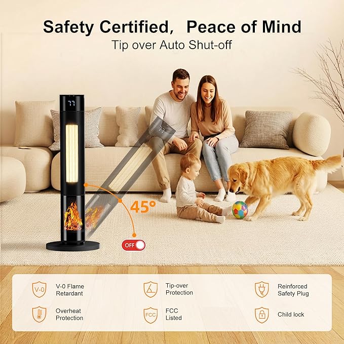 YEW Space Heater for Indoor Use, 34" Portable Electric Room Heater with Remote, 80° Oscillating, 24H Timer, Thermostat & ECO Mode, Ceramic Tower Heater for Large Room,Bedroom,Office