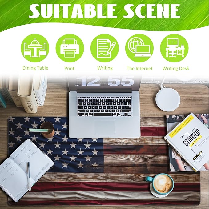 Eflxamz Large Gaming Mouse Pad for Desk,Wooden American Flag Desk Mat,Wooden USA Flag Desk Pad,Extended Big Computer Keyboard Mouse Pad with Non-Slip Base and Stitched Edge,35.4"x15.7"