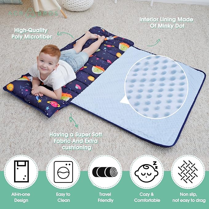 ACRABROS Toddler Nap Mat with Pillow and Blanket, Extra Large Rolled Napping Mats,Slumber Bags for Boys Girls,Kids Sleeping Bag for Daycare, Preschool Travel Camping,Space