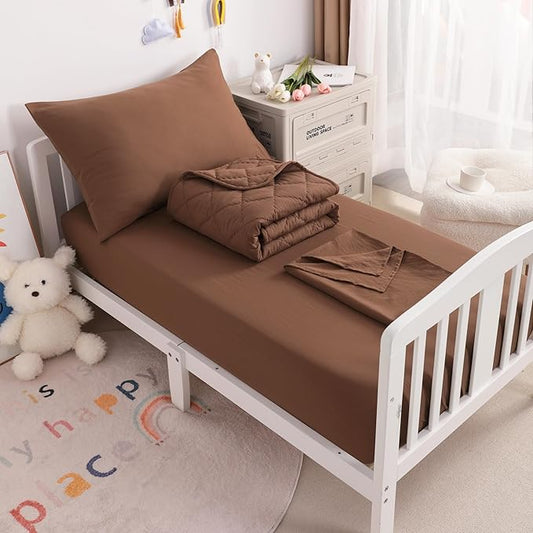 NTBAY Toddler Bedding Set - 4 Piece Soft and Breathable Crib Bedding Set for Boys and Girls, Includes Quilted Comforter, Fitted Sheet, Flat Top Sheet and Envelope Pillowcase, Brown