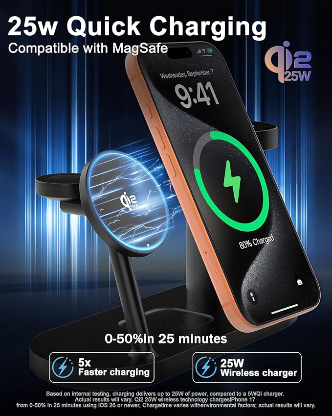 JOYANDRO MagSafe Charger Compatible, 4-in-1 Charging Station, Qi2.2 25W Certified with LED Night Light/Magnetic Wireless Charger for iPhone 17/16/15,Apple Watch,AirPods,Pixel 10(45W Adapter Included)