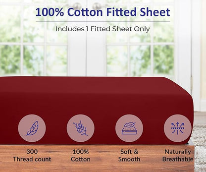 ROYALE LINENS 300 Thread Count 100% Long Staple Combed Cotton Fitted Sheet Twin - Super Soft Deep Pocket Bottom Sheet - Fitted Sheets Only - Elastic Sheets (Twin, Red)