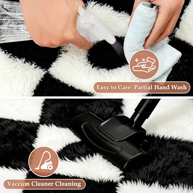 Checkered Rug 4x6 for Kids Room Black and White Soft Shag Rugs | Machine - Image 5