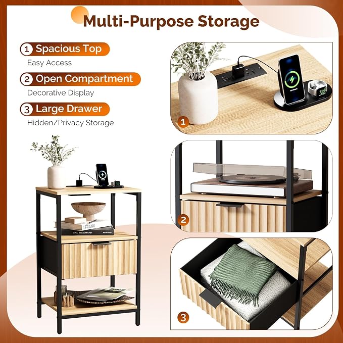 VINGLI Night Stand with Charging Station and Fabric Drawer, Fluted Nightstand - Image 8